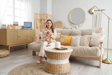 Young woman using mobile phone on sofa in cozy living room