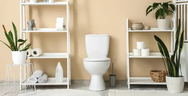 Stock image Interior of restroom with toilet bowl near beige wall