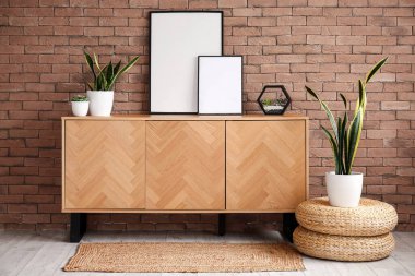 Boş çerçeveli ahşap dolap ve tuğla duvarın yanında bitkiler.