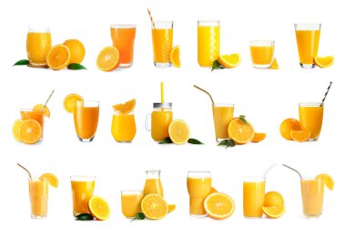 Beyaz arka planda taze portakal suyu seti
