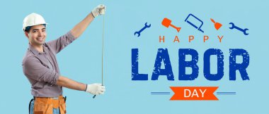 Genç erkek işçilerle İşçi Bayramı için tebrik kartı.