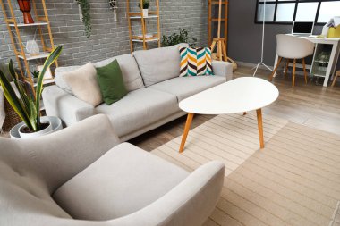 Gri kanepesi, koltuğu ve kahve masası olan oturma odasının içinde.