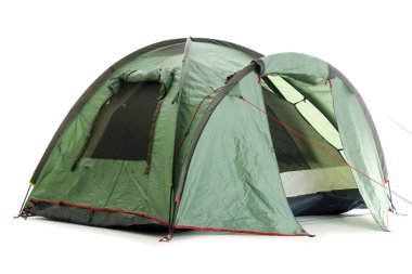 Green camping tent on white background