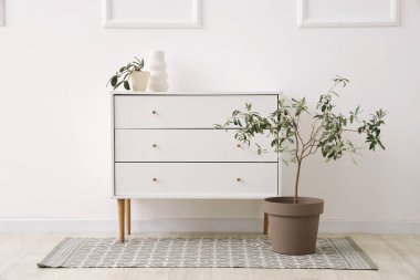 Beyaz duvarın yanında saksısı ve vazosu olan bir dolap.