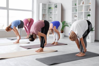 Spor salonunda yoga yapan bir grup olgun kadın.