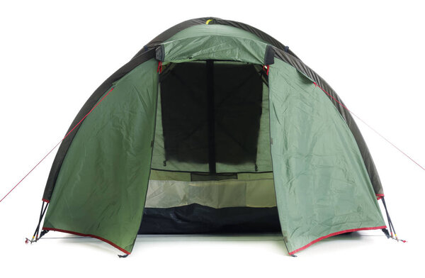 Green camping tent on white background