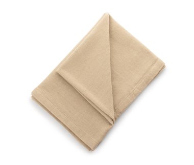 Beyaz arka planda kumaş bej peçete. Üst görünüm