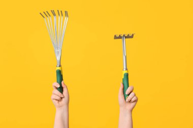 Sarı arka planda bahçıvan tırmıkları olan kadın eller, yakın plan.