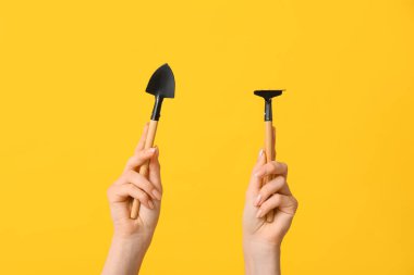 Bahçe küreği ve sarı arka planda tırmık olan kadın eller, yakın plan.