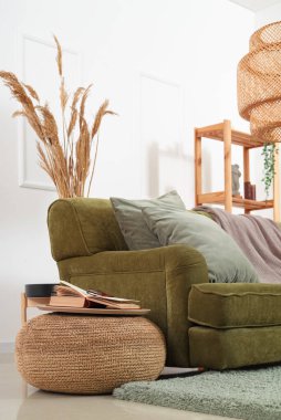 Yeşil kanepeli, puf ve pampa otlu rahat bir oturma odası.