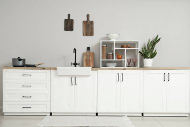 Interior of light kitchen with white counters, houseplant and utensils