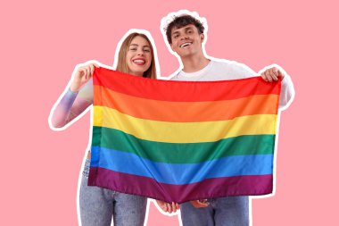 Pembe arka planda LGBT bayrağı olan genç çift