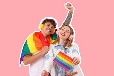 Kulaklıkları ve pembe arka planda LGBT bayrakları olan mutlu genç bir çift.