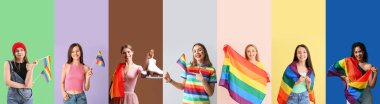 Renk arkaplanında LGBT bayrakları olan birçok kişinin kolajı
