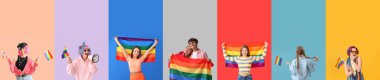 Renk arkaplanında LGBT bayrakları olan birçok kişinin kolajı
