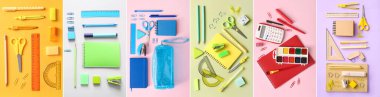 Renk arkaplanı, üst görünüm birçok okul malzemesi