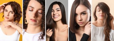 Arka planda güzel kahverengi saçlı bir grup genç kadın.