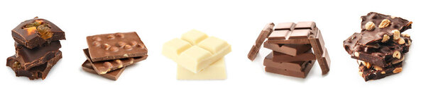 Collection of tasty chocolate on white background