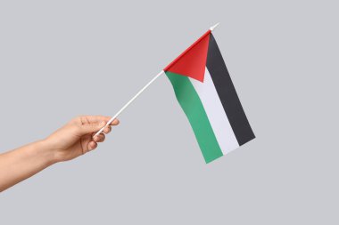 Gri arka planda Filistin bayrağı taşıyan kadın eli