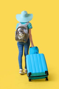 Sırt çantasında kedisi ve sarı arka planda bavulu olan kadın gezgin.