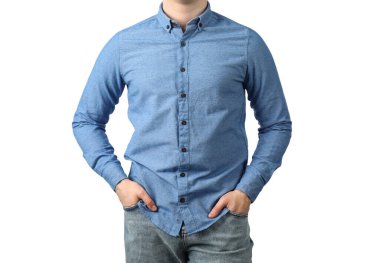 Young man in stylish blue collar shirt on white background