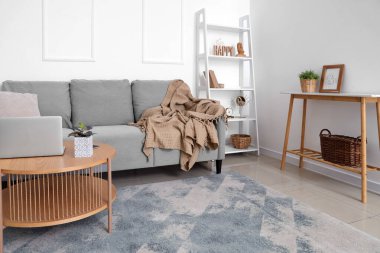 Gri kanepesi ve modern dizüstü bilgisayarı olan şık bir oturma odası.