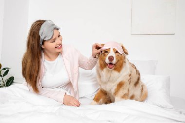 Genç kadın ve tatlı Avustralyalı çoban köpeği. Yatakta maskeleri var.