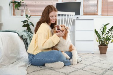 Şirin bir Avustralya çoban köpeği olan genç bir kadın evde yerde oturuyor.