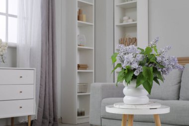 Koltuk, raflarda dekor, vazoda çiçekli masa ve oturma odasının iç tarafındaki çekmeceler.