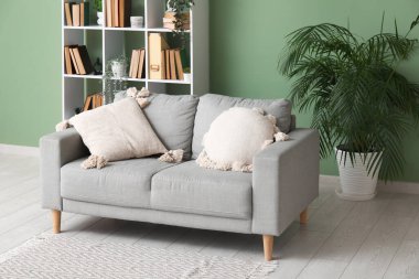 Yeşil duvarın yanında kanepesi ve kitaplığı olan modern oturma odasının içinde.