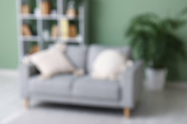 Yeşil duvarın yanında kanepesi ve kitaplığı olan modern oturma odasının içi bulanık.