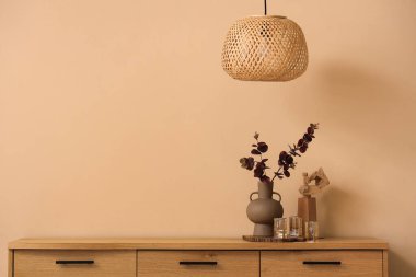 Yapay okaliptüs dallı vazo ve odasındaki bej duvarın yanında ahşap el.