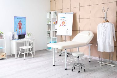 Kanepesi, çizelgesi ve doktorunun çalışma yeri olan bir tıp bürosu.