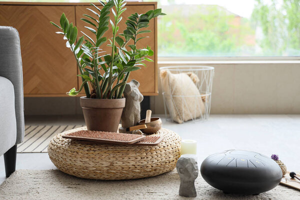 Sadhu board with Tibetan singing bowl and plant on pouf in room