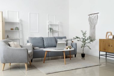 Şık oturma odasının içinde rahat kanepe, sehpa, çekmeceler ve zeytin ağacı var.