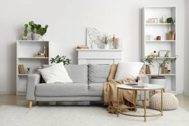 Gri kanepeli ve kahve masasında sazlık ayırıcılı rahat oturma odasının içinde.