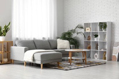 Gri kanepesi, raf ünitesi ve sehpası olan modern oturma odasının içinde.