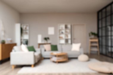 Gri kanepeler, masa ve raf üniteleriyle modern oturma odasının bulanık görüntüsü
