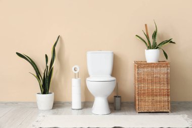 Tuvalet, sepet ve bej duvarın yanında bitkiler olan tuvaletin içinde.