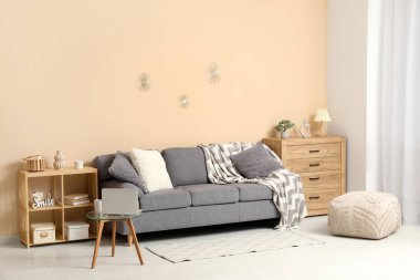 Rahat kanepesi, sehpası, raf ünitesi ve ahşap çekmeceleri olan şık bir oturma odası.