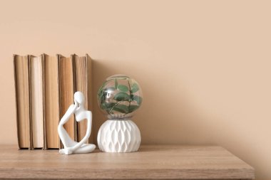 Şık bir odada, bej duvarın yakınındaki çekmecelerin üzerindeki heykel ve kitaplar, yakın plan.