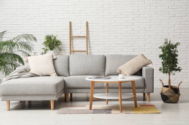 Rahat bir kanepe, kahve masası, dergi ve oturma odasında çay.