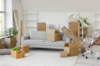 Taşındığı gün oturma odasında karton kutular olan kanepenin bulanık görüntüsü.