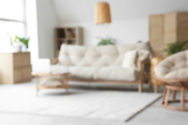 Masada kanepe, bitki ve dizüstü bilgisayarlı bulanık oturma odası manzarası