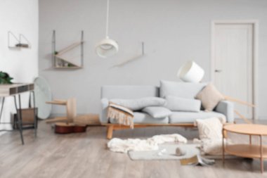 Kanepesi, rafları ve masaları olan dağınık oturma odasının bulanık görüntüsü