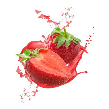 Olgun çilek ve beyaz arka planda taze meyve suyu.