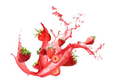 Olgun çilek ve beyaz arka planda taze meyve suyu.