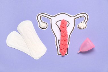 Menstrual pedli kağıt rahim ve mor arka planda bardak.