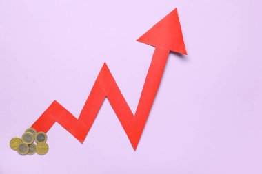 Leylak kaplamalı kırmızı ok. Fiyat artışı kavramı