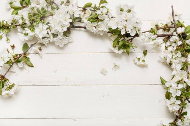 Beyaz ahşap arka plan üzerinde güzel çiçek dalları yapılmış çerçeve
